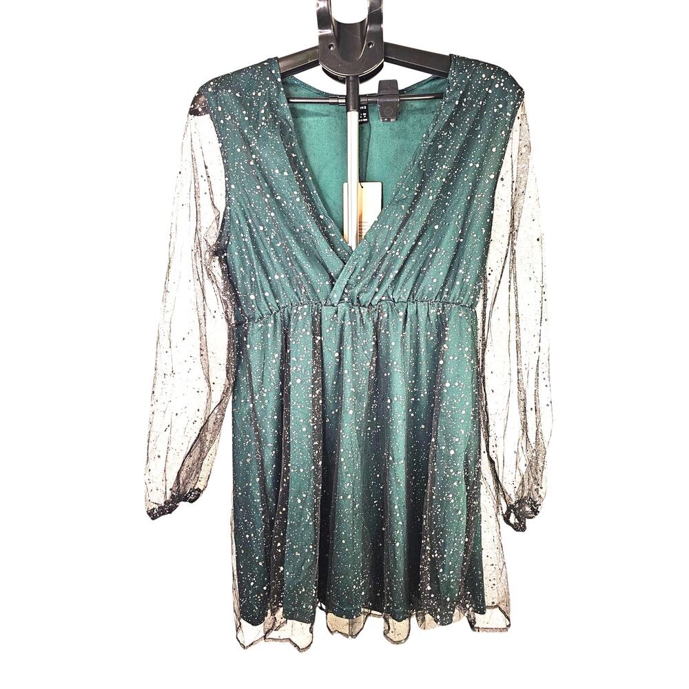 Whimsigoth Forest Green Celestial Mini Dress Witchy Sheer Mesh Fairy Grunge